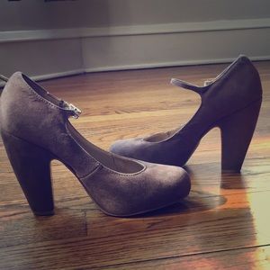 Round toe strap heels.